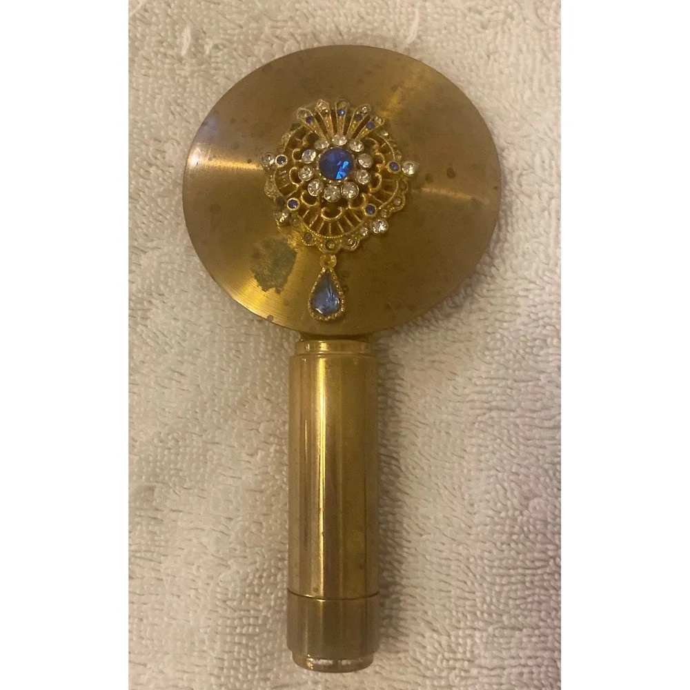 Vintage Brass Compact Mirror Lipstick Holder Blue Rhinestone Filigree Gold Tone